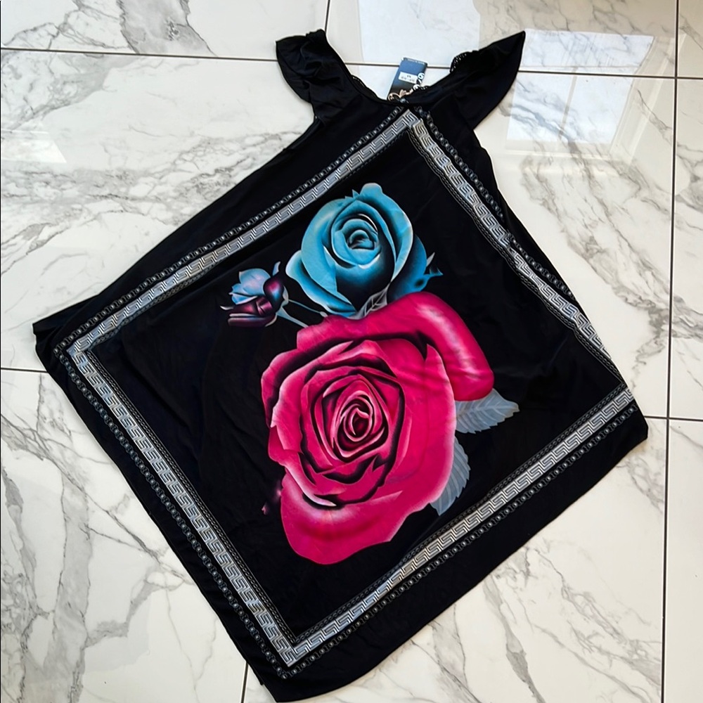 Floral Black Top with Pink and Blue Roses